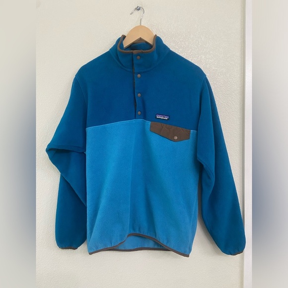 Patagonia Synchilla T-Snap Blue Teal Brown Pullover Fleece Sz Small